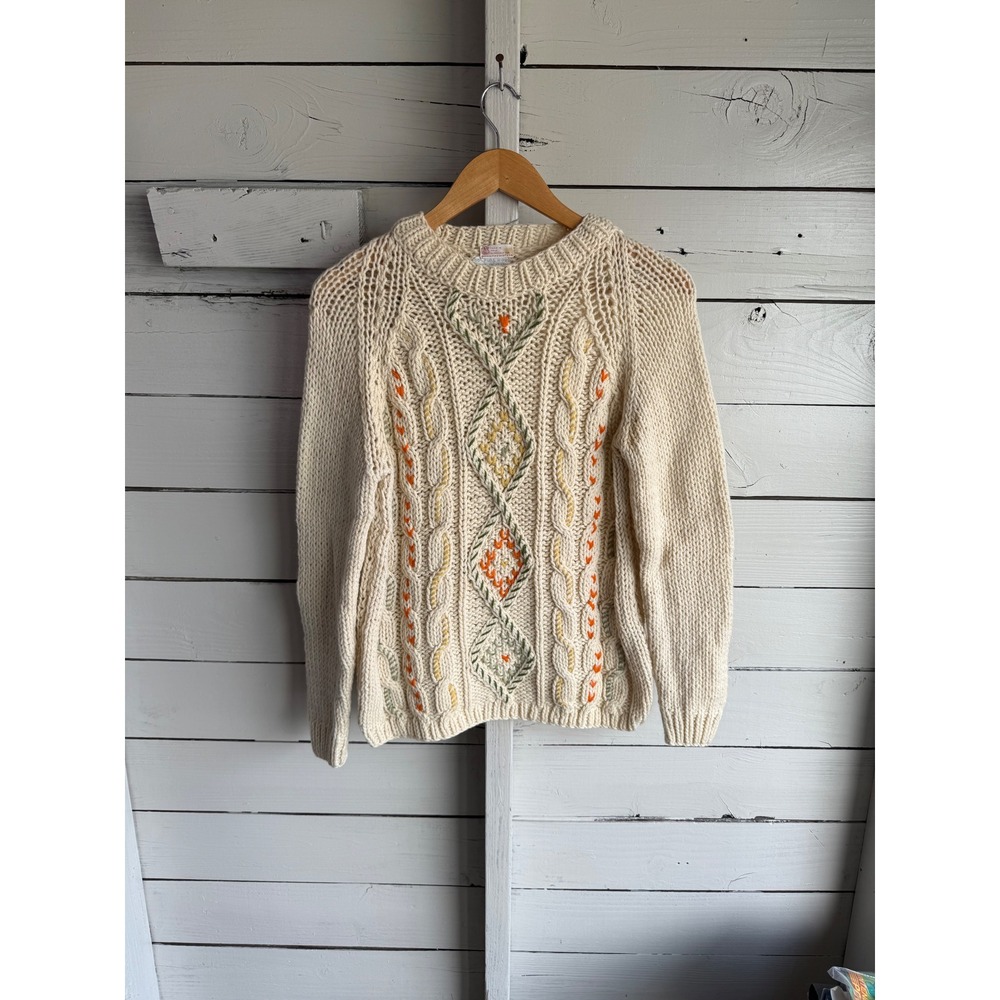 Vintage Carson Pirie Scott Italy Wool Cable Knit Embroidered Sweater Cream Zip